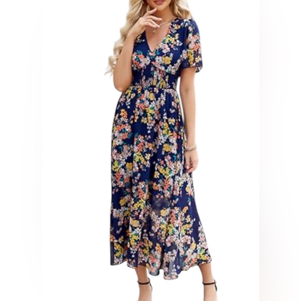 Beautiful Galocmo Sheer Navy Blue Floral V-Neck Maxi Dress